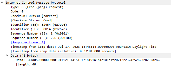 ICMP echo request packet details: Type 8, checksum correct, sequence number 256, timestamp July 17, 2023, data length 48 bytes.
