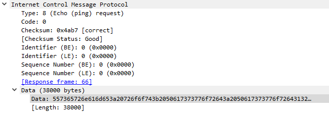 ICMP echo request packet details: Type 8, checksum correct, sequence number 0, data length 38000 bytes.