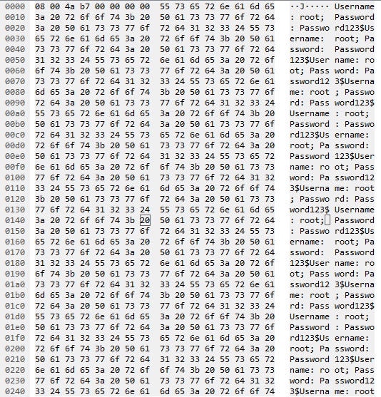 Hex dump showing repeated patterns of "Username: root; Password: rd123$".