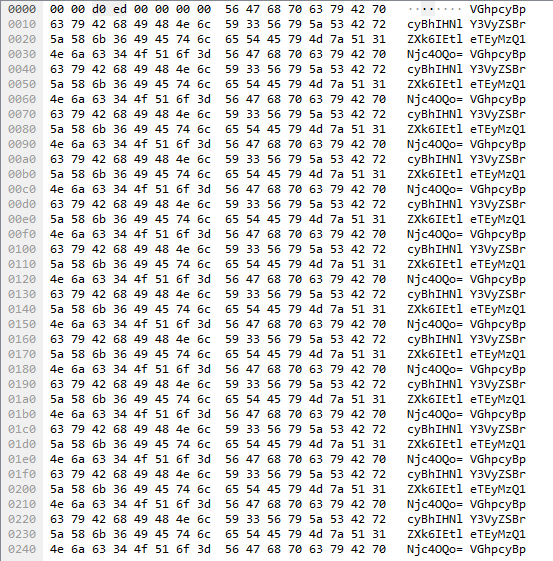 Hex dump with repeated patterns of encoded text.